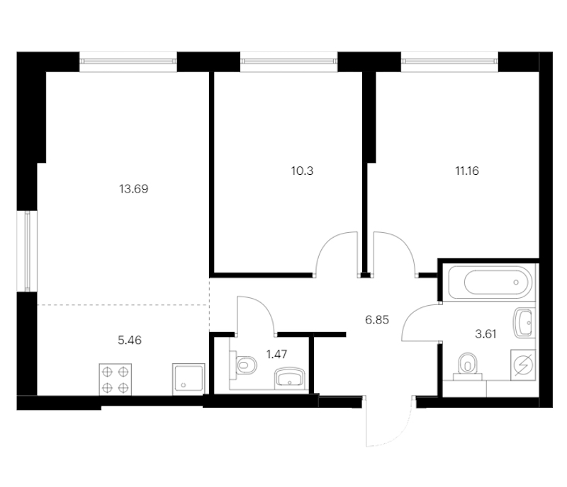 2-комнатная квартира 52.54 м², 1/15 эт., ЖК «Заречный парк»